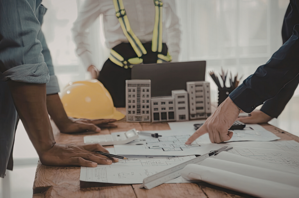 Architects reviewing blueprints and building design plans